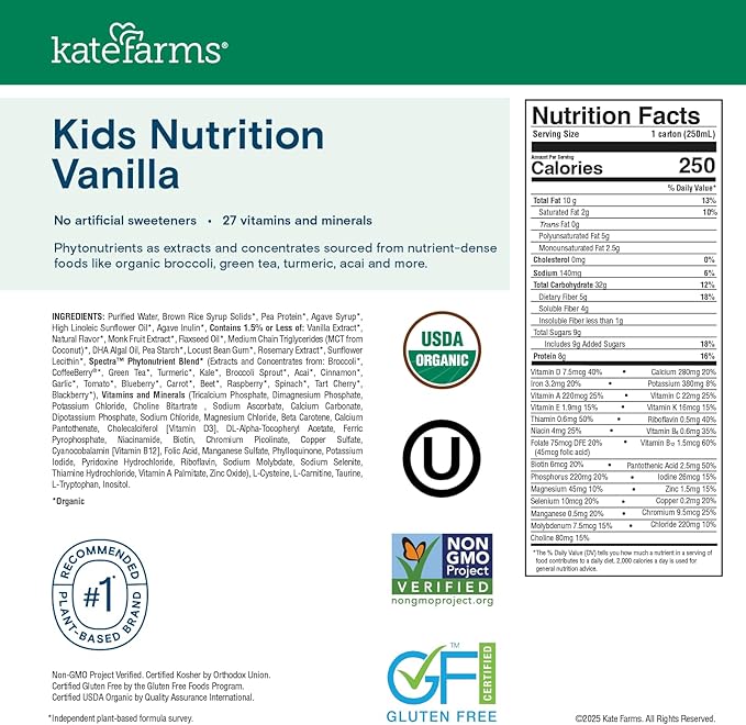 KATE FARMS Organic Kids Nutrition Vanilla Shake, 8g Protein, 27 Vitamins and Minerals, Meal Replacement, Gluten Free, Non-GMO, 8.45 oz (6 Pack)