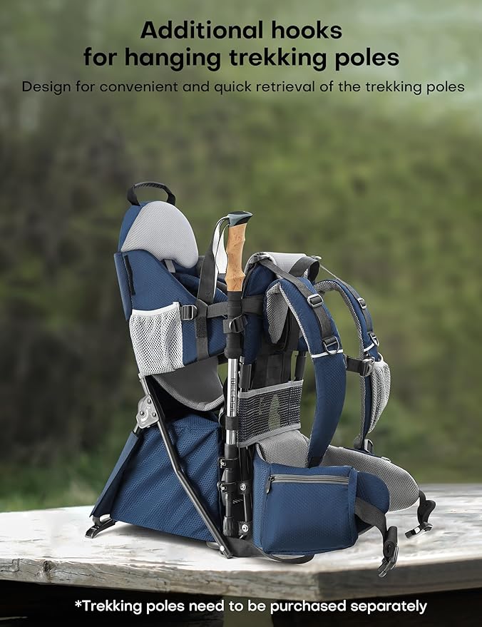 besrey Baby Backpack Carrier, Toddler Hiking Backpack with Safety 3-Height Seat, Adjustable Straps&Waist Belt, Foldable Frame Lightweight Large Capacity Child Carrier for Hiking (Blue/Grey)