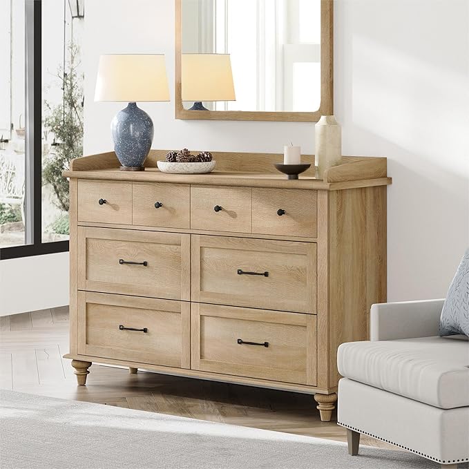 WAMPAT Farmhouse Dresser for Bedroom with 6 Drawers, Kids Dressers with Wide Chest of Drawers, Light Wood Dresser TV Stand for Living Room, Baby Closet Storage Organizer for Nursery, Hallway, Oak
