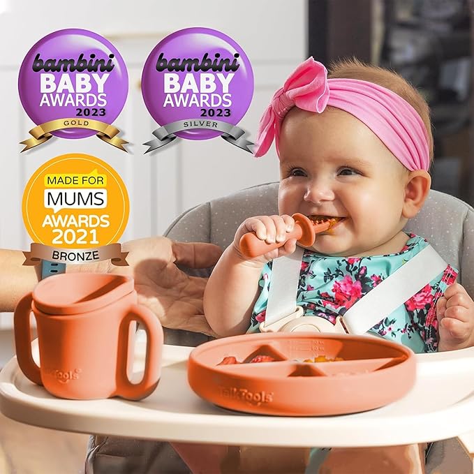 TalkTools Itsy Plate Must-Have Silicone Baby Plates with Suction | Non-Toxic Toddler Feeding Plate | Divided Portion | BPA-Free, Easy-Clean, Travel-Friendly Baby Dishware - Made in USA (Tangerine)