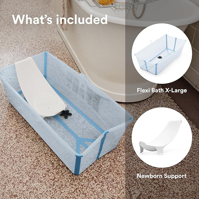 Stokke Flexi Bath X-Large Bundle, Ocean Blue - Spacious Baby Bathtub + Newborn Support - Lightweight, Foldable & Easy to Store - Best for Ages 0-6
