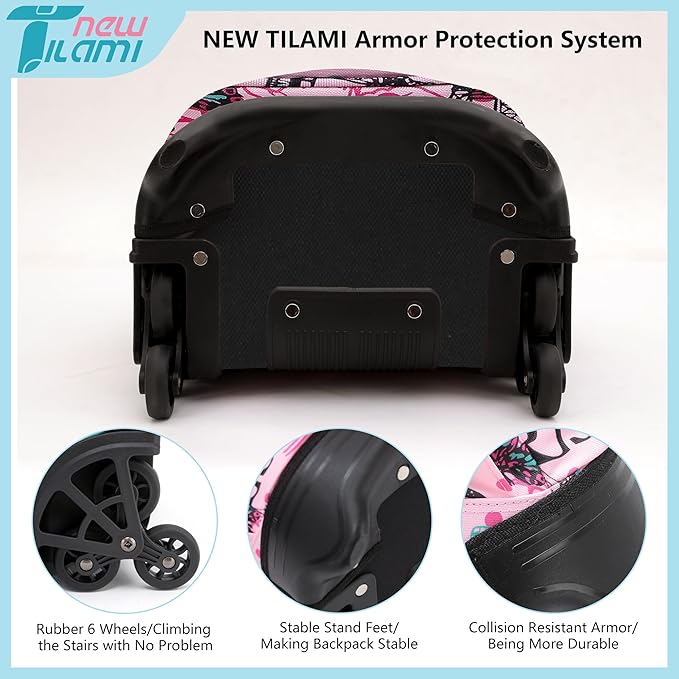 NEW TILAMI 18 inch Rolling Backpack for Kids, Waterproof, Adjustable Handle, Stair Climbing, Large Storage for School, Travel, Girls & Boys, Pink Paris