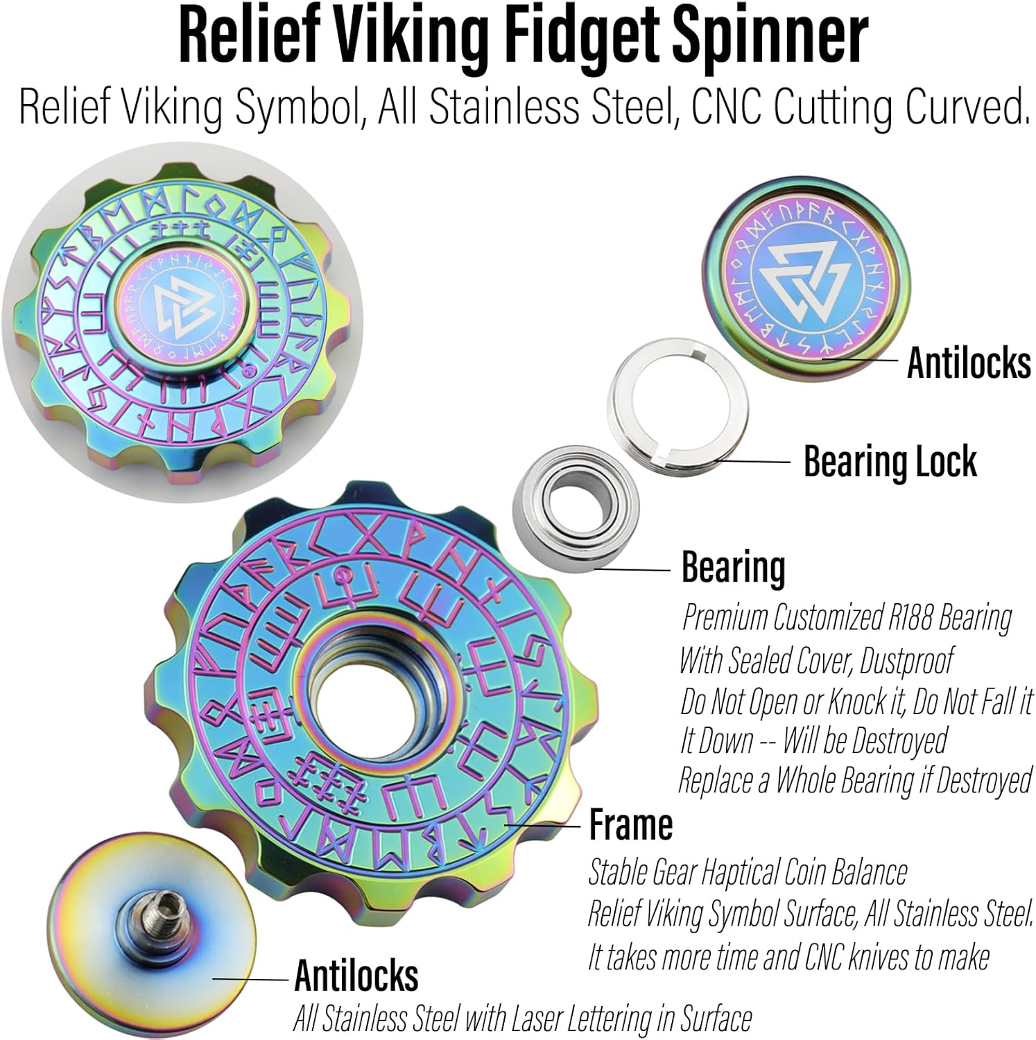 FREELOVE Metal Fidget Spinner, Viking Pirate Haptic Gyro, Heavy Stainless Steel Hand Spinning, Small Round Gear Fidget Block, Premium Bearing Silent Long Spinning for Adults Anxiety Cool, Rainbow