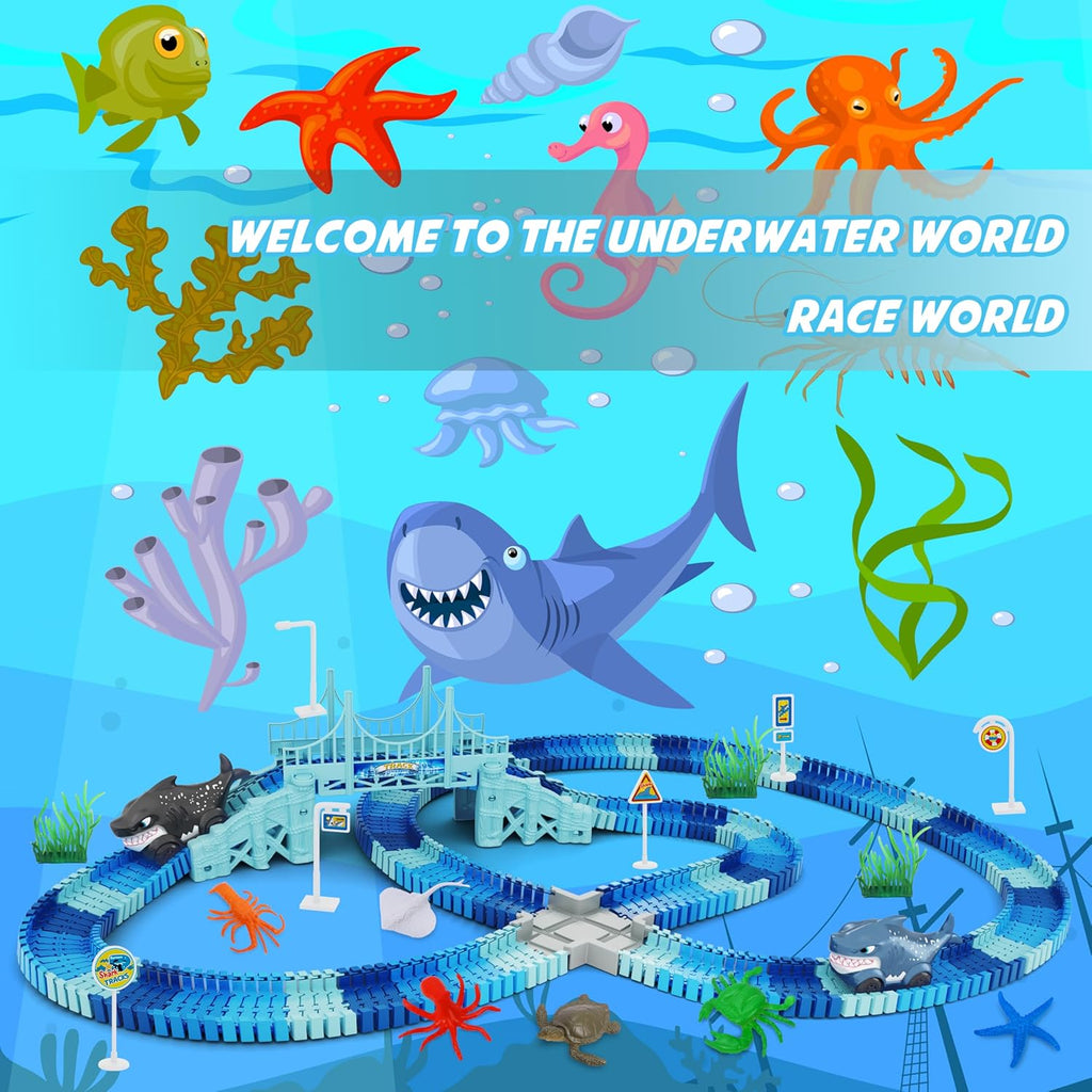 Track Race Car Toys for Kids, Create A Ocean World Race Road, Flexible Tracks Playset & 2PCS Cool Shark Cars, Toddler Toys Birthday Gifts for Age 3 4 5 6 Year Old Boys Girls