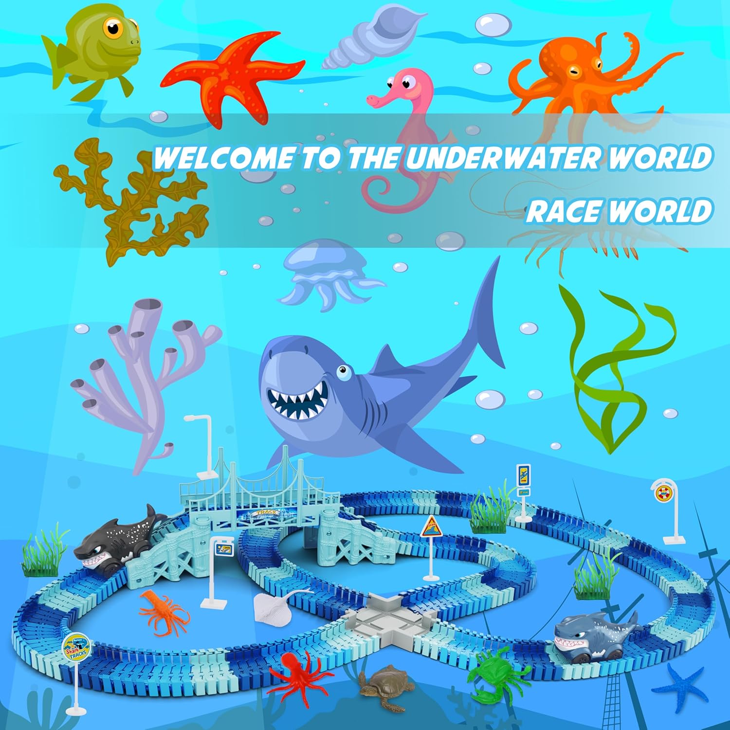 Track Race Car Toys for Kids, Create A Ocean World Race Road, Flexible Tracks Playset & 2PCS Cool Shark Cars, Toddler Toys Birthday Gifts for Age 3 4 5 6 Year Old Boys Girls