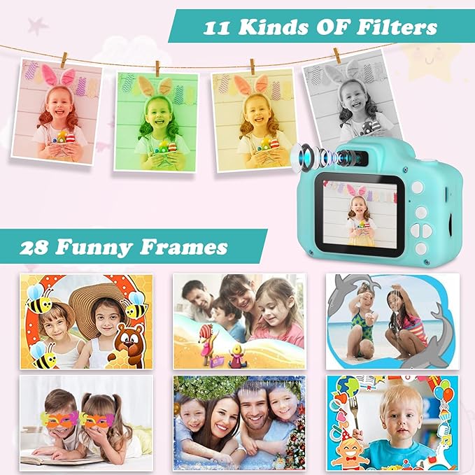 Kids Camera, HD Digital Video Camera, Childrens Toys for 3 4 5 6 7 8 9 Year Old Boys/Girls, Selfie Camera for Kids, Christmas Birthday Gifts with 32GB SD Card (Green)