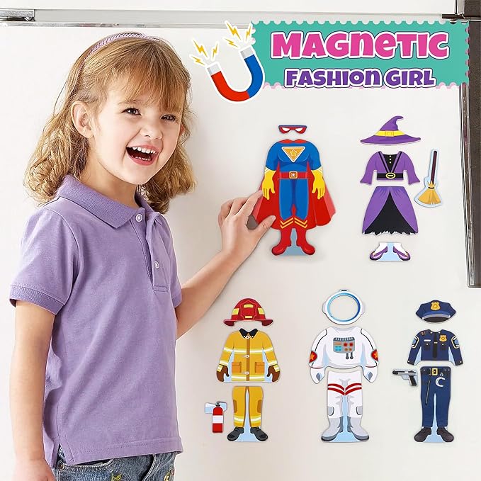 Atoylink Wooden Magnetic Dress up Dolls for Girls Pretend Play Set, Princess/Witch/Occupations Community Helpers Matching Games Fashion Paper Dolls for Toddlers Preschool Learning Toys Gifts
