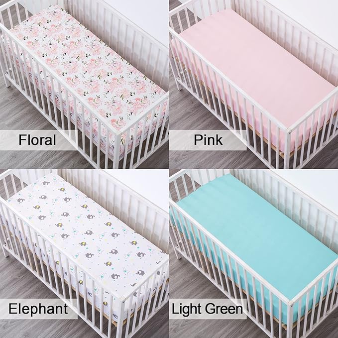 Bimocosy Crib Sheets 4pk, Size 28"x 52" for Standard Crib and Toddler Mattresses, Breathable Microfiber Crib Mattress Sheet, Floral/Ele/Pink/Green