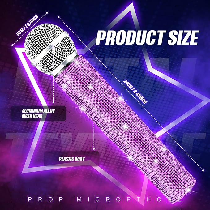 Sanwuta Fake Microphone Prop Sparkly Bling Rhinestones Plastic Play Microphone Pretend Glitter Bedazzled Mic for Cosplay Party Costume(Purple)