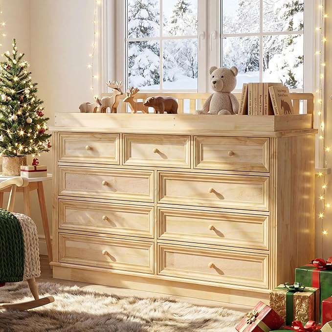 Homsee Baby Changing Table Dresser, 100% Solid Wood Infant Diaper Changing Station Combo, 9-Drawer Baby Nursery Dresser with Removable Tray for Children's Room Bedroom, Nature Color