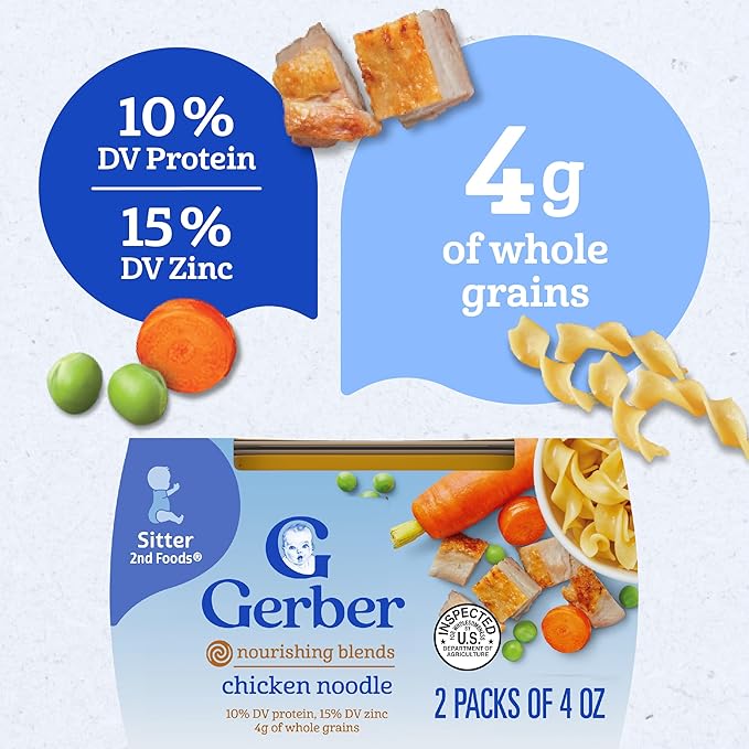 Gerber Baby Food 2nd Foods, Dinner, Chicken Noodle Puree, 4 Ounce Tubs, 2-Pack (Pack of 8)