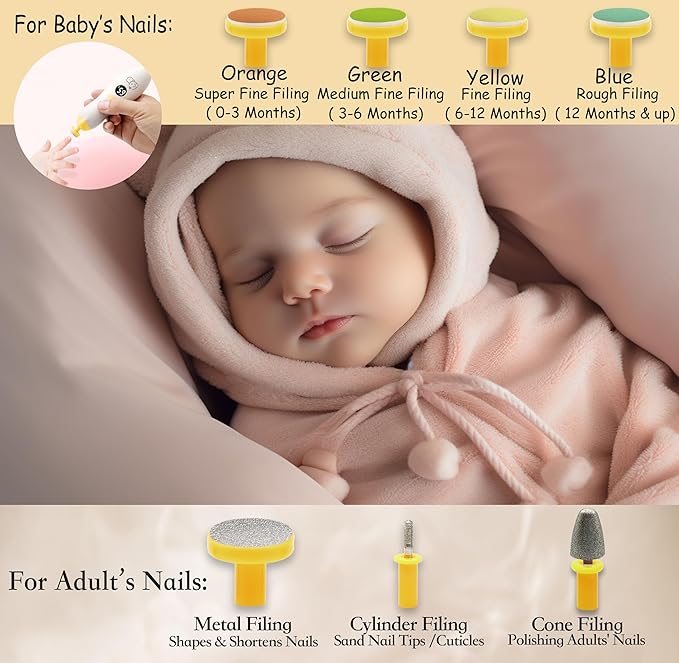 Rechargeable 22 in 1 Baby Nail Trimmer, Usage Labeled Case, 13 Extra Replacement Tools, Royal Angels Electric Nail File with LCD Display, Newborn Toddler Nail Care Clipper Kit (Rechargeable, Mango)