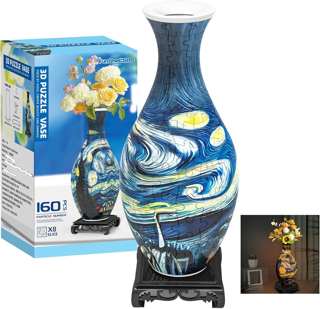 3D Puzzles Vase for Adults, Crafts for Adults, 160 Pieces Plastic DIY Unique Flower Vase with LED Light House Warming Gift Birthday Gifts for Flower Arrangements and Home Decor (Blue)