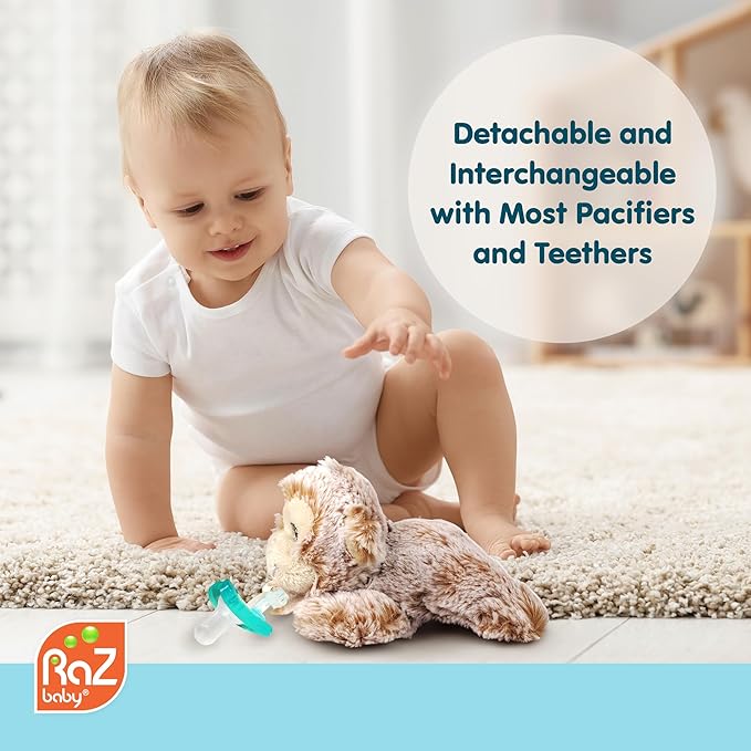 RaZbaby JollyPop Pacifier, Holder w/Detachable Baby Pacifier, Stuffed Animal RaZbuddy, All Ages 0M+, 100% Medical Grade USA Made Silicone, Machine Washable, Textured & Easy to Hold – Monkey