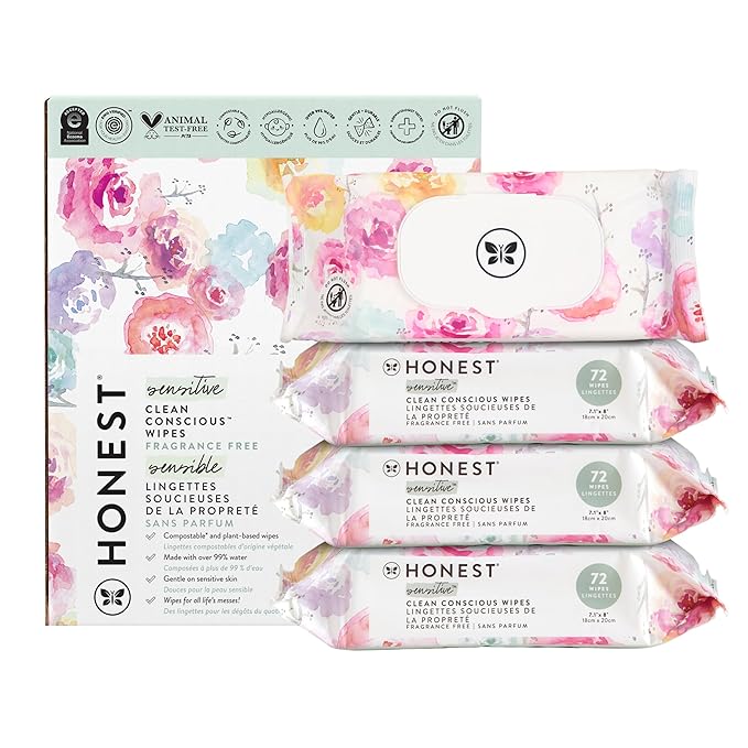 The Honest Company Clean Conscious Multi-Use Wipes | Hypoallergenic + Unscented for Sensitive Skin | Over 99% Water, Compostable, Plant Based, Baby Wipes | Rose Blossom, 288 Count