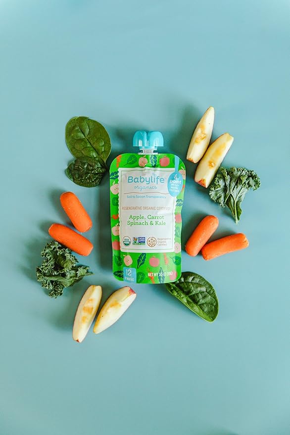 Babylife Organics Stage 2 - Apple, Carrot, Spinach & Kale, 3.5 Ounce Pouch (6 Pack) - Heavy Metal Safe, Organic Baby Food