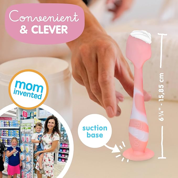 Bumco Baby Bum Brush - BPA-Free Diaper Cream Spatula with Suction Cup Base, Soft & Flexible Silicone, Wipe-Clean, Mom-Invented Diaper Bag Essentials (Light Pink Swirl)