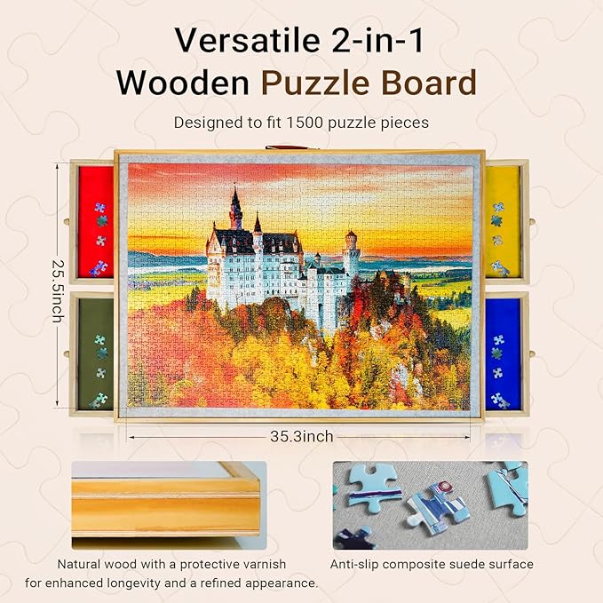 Wooden 2-in-1 Rotating & Tilting Puzzle Board for 1500 Pieces, 26"x36" Jigsaw Puzzle Table with Drawers, Cover & Lazy Susan, 60° Ergonomic Non-Slip Surface, Portable Board with 4 Sorting Trays