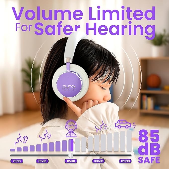 Puro Sound Labs BT2200 Plus Kids Bluetooth Headphones – Volume-Limiting 85dB, Studio-Grade Audio, Over-Ear & Comfy Design, 20-Hour Battery Life, Easy to Connect Wireless Headphones for Kids, Purple