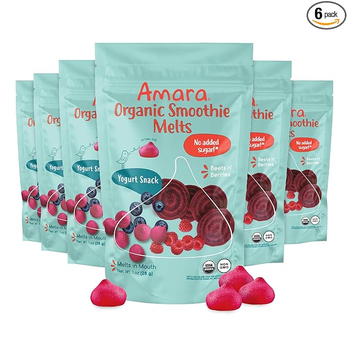 Amara Smoothie Melts - Beets n' Berries - Baby Snacks Made With Fruits and Vegetables - Healthy Toddler Snacks For Your Kids Lunch Box - Organic Yogurt Melts - 6 Resealable Bags