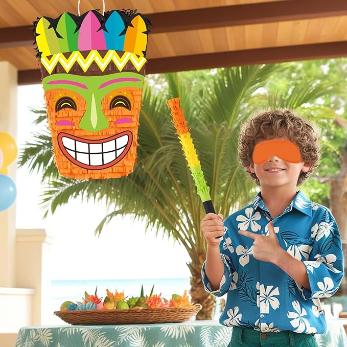 WERNNSAI Tiki Piñata -Tropical Hawaii Piñata with Blindfold and Bat for Girls Boys Kids Piñata Hawaiian Luau Themed Party Decorations for Summer Birthday Party Supplies Carnivals Festivals Celebration