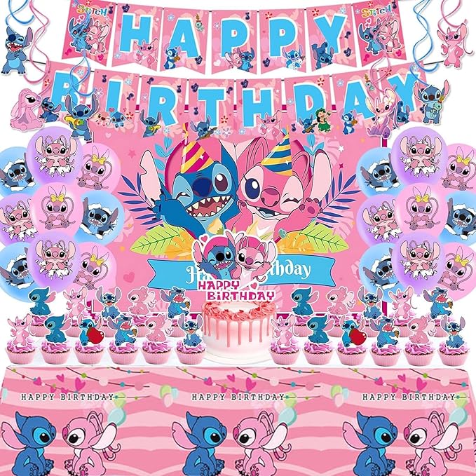 Stitch Party Supplies, 49PCS Birthday Decorations Set Include Banner, Balloons, backdrop,Stickers, Hanging Swirls, Cake Cupcake Toppers, Tablecloth for Boys Girls Stitch Theme Party