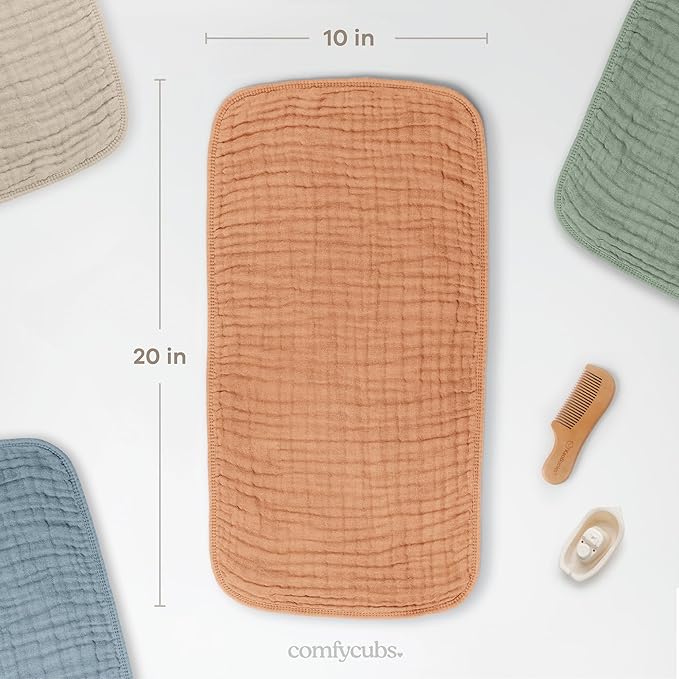 Comfy Cubs Muslin Burp Cloths 20" x 10", Pack of 10 - Large, 6-Layer, Ultra Absorbent 100% Cotton for Baby Drool and Messes - Soft, Safe & Gentle Baby Burp Cloths for Boys & Girls - Caramel