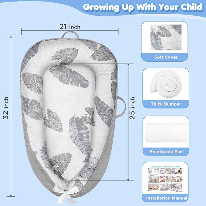 KISS GOLD Baby Lounger - Breathable Soft Cotton Cover Baby Lounger Nest, Babies Essentials Gifts, Portable Lounger for Baby Tummy Time Floor Playing Seated Support for Home and Travel