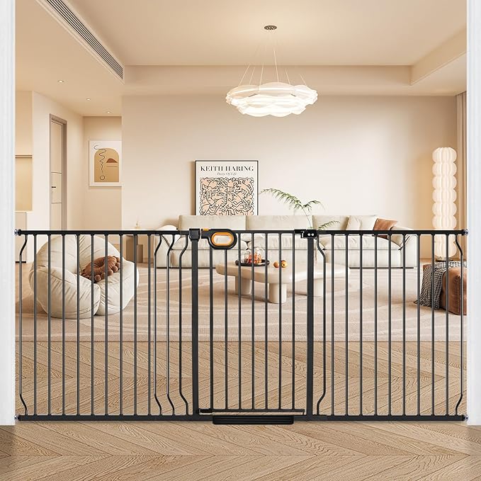 owlie 37.4" Extra Tall Wide Baby Gate for Stairs Doorways,75-85 Inch Extra Large Long Baby Gate with Door Indoor Safety Metal Pressure Mounted Pet Gate with Walk-Thru Auto Close, Black