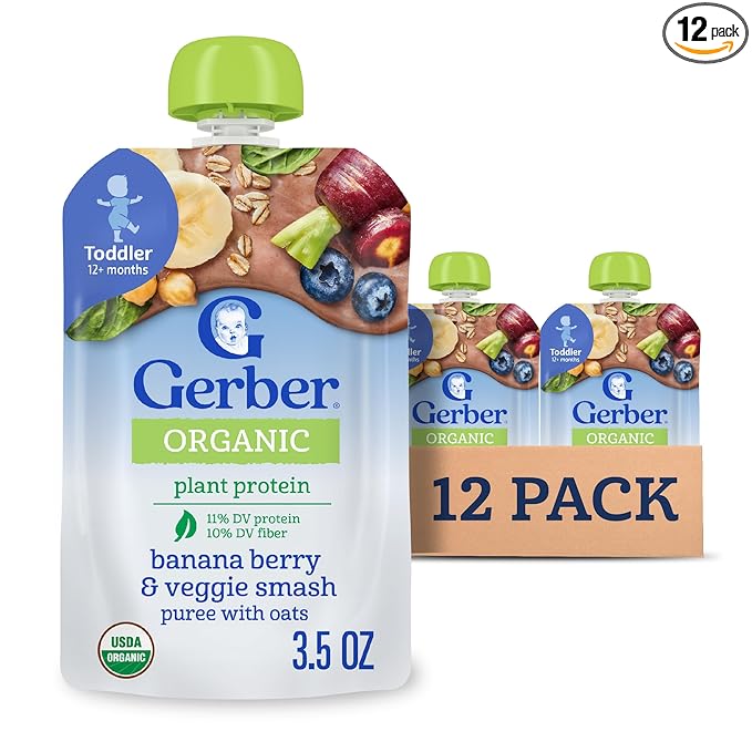 Gerber Toddler Food, Organic Banana Berry and Veggie Smash Puree Pouch, Toddler Pouches, No Added Sweetener, No Artificial Flavors, 12-Pack