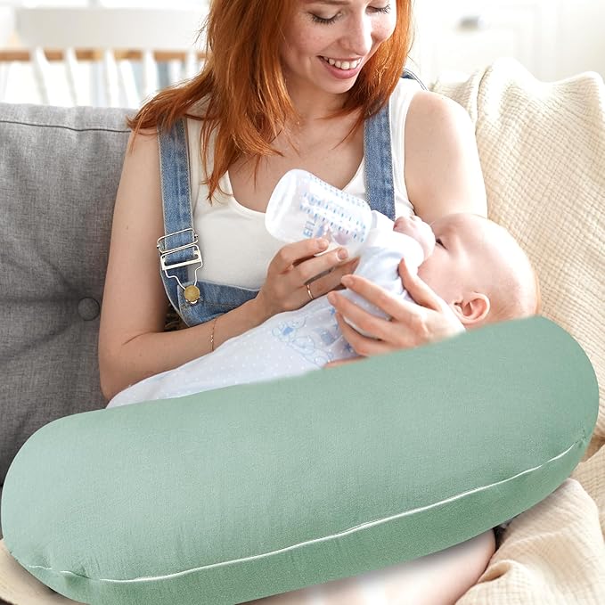 Hooyax Muslin Nursing Pillow Covers 2 Pack, Soft and Breathable Nursing Covers for Breastfeeding Pillows, Adorable Infant Feeding Pillow slipcover for Baby Boy and Girls (Green Gray)