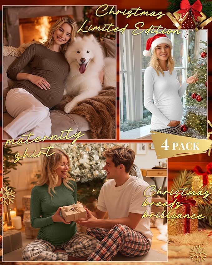 Ficerd 4 Pack Women's Maternity Shirts Cotton Long Sleeve Ribbed Crew Neck Pregnancy Tops Side Ruched Casual Mama Clothes