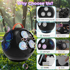 Bubble Machine Automatic Bubble Blower for Kids Toddlers Rechargeable Portable Spherical LED Bubble Maker Electric Auto Rotating 45°/360° Outdoor Toy Birthday Party Wedding (Spherical Black)