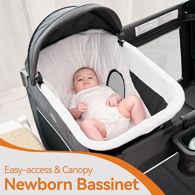 Pamo Babe 4 in 1 Baby Playards with Bassinet & Changing Table, Portable Crib Breathable Mesh and Toy Mobile