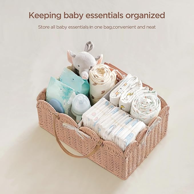 HBlife Baby Diaper Caddy, Paper Rope Storage Baskets Nursery Bin with Removable Divider, Portable Car Organizer for Diapers, Baby Shower Gifts, Newborn Essentials Must Haves