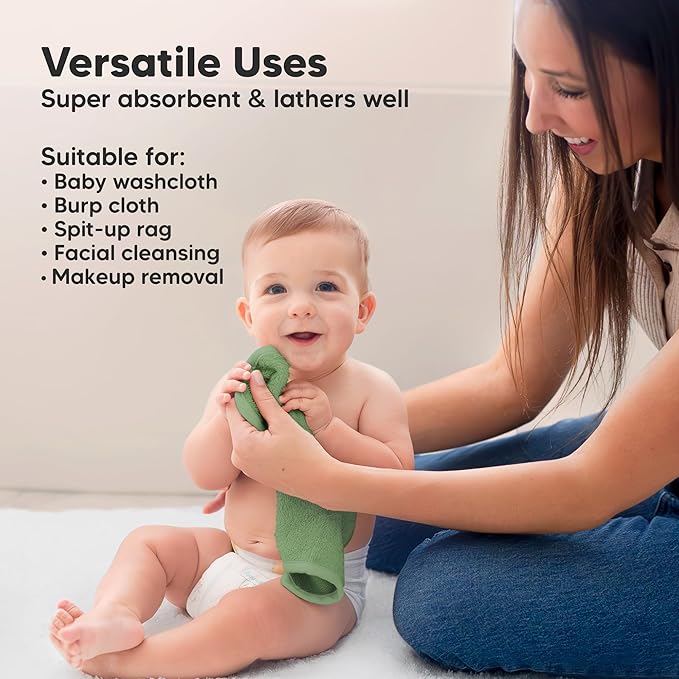 6-Pack Baby Washcloths - Soft Absorbent Viscose from Bamboo Wash Cloths for Babies, Kids, Toddlers, Infant, Newborn Bath Towels, Gentle on Sensitive Skin, 10x10 Reusable Face Towels (Meadow Green)