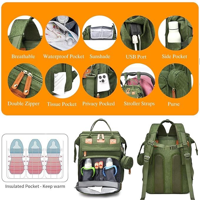 Baby Diaper Bags with Changing Station, Waterproof Diaper Bag Backpack for Moms Dads with USB Charging Port, Baby Shower Gifts, Large Capacity diaper backpack, Green