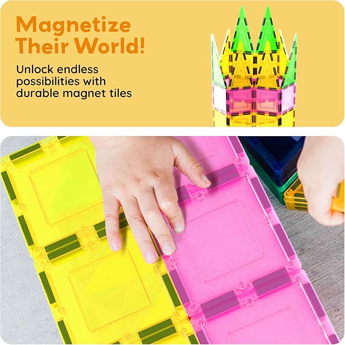 PicassoTiles Magnetic Tile Building Block Set with Squares and Triangles STEM Educational Construction Geometric Magnet Shape Kit for Brain Development Creativity and Learning for Kids Age 3 Plus PB12