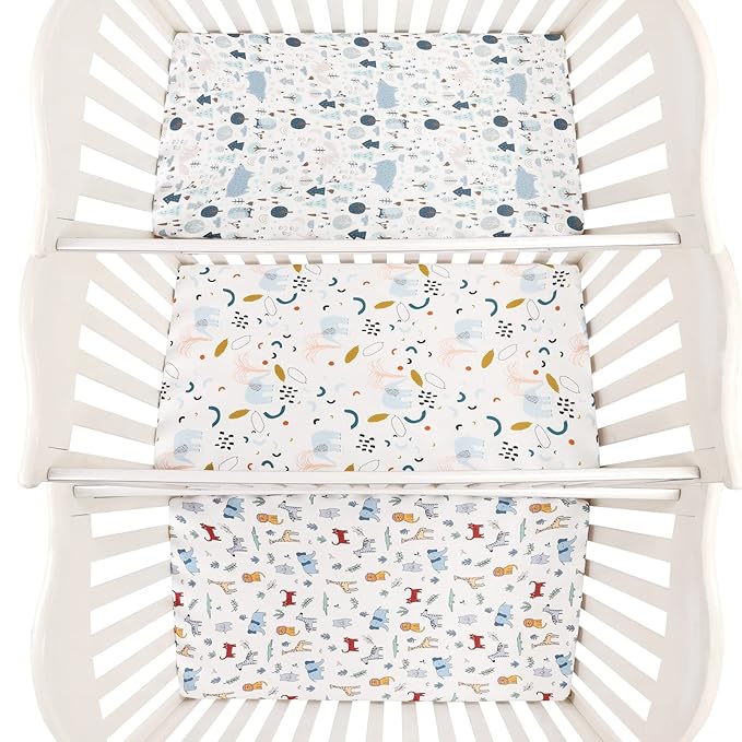 Onacosht Pack and Play Sheets 3 Pack for Baby Boy, Stretchy Jersey Knitted Portable Mini Crib Sheets Playard Mattress Cover, Woodland Animal Elephant Fox Lion Bear Giraffe Zebra Printing