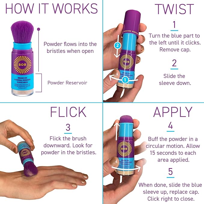 BOB KIDS SPF 30 Brush On Mineral Powder Sunscreen, Broad Spectrum Protection, Water Resistant 80 Mins, Fragrance Free, Easy to Apply for Kids & Babies, Mfg in USA