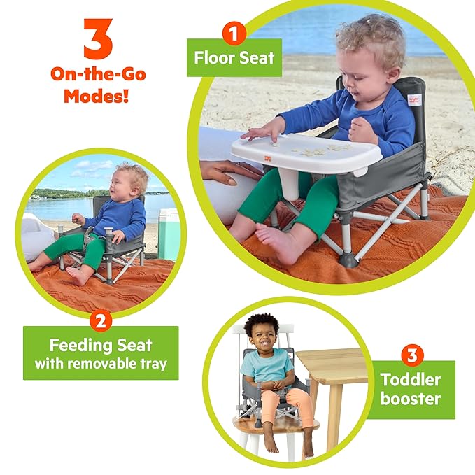 Bright Starts Pop 'N Sit Portable Booster, Indoor/Outdoor Use, Floor Seat with Feeding Tray, Grey, 6 Mos - 3 Yrs