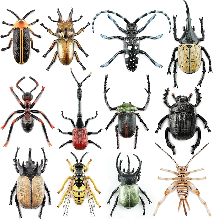 Toymany 12PCS Realistic Insects Figurines Toys - Plastic Bugs Figures Set with Cricket Bee Ant Dung Beetle, Educational Halloween Toy Cake Toppers Christmas Birthday Gift for Toddlers Kids