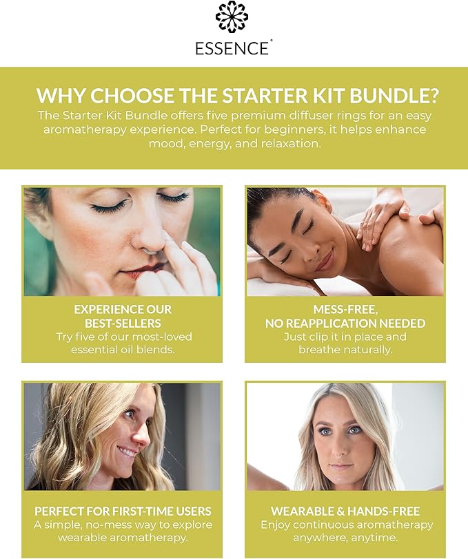 Essence Nasal Diffuser Starter Kit – Essential Oil Silicone Nose Ring Inhalers for Beginners – Wearable Aromatherapy Bundle for Relaxation, Energy & Breathing Support