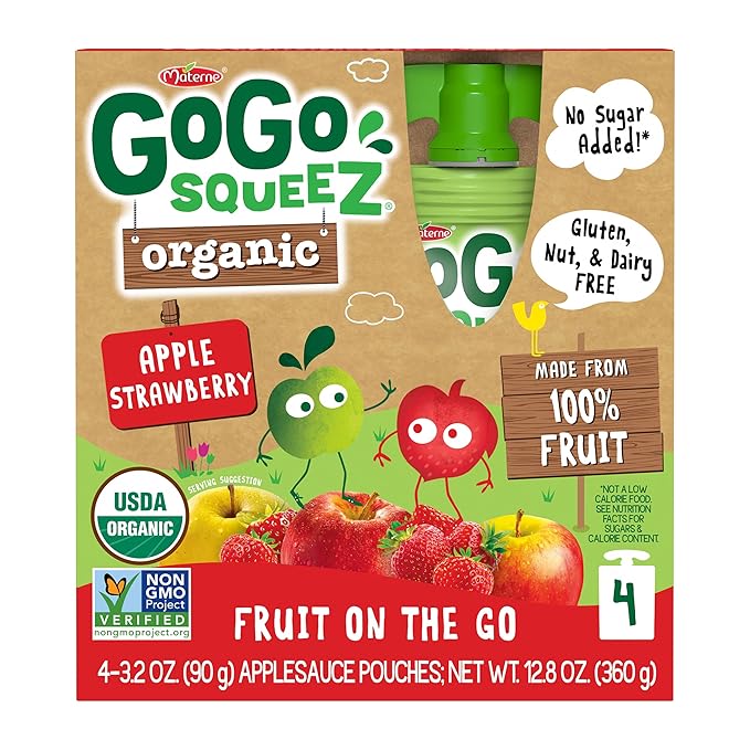 GoGo squeeZ Organic Applesauce and Fruit Puree Apple Strawberry, 3.2 oz (Pack of 48), Unsweetened Organic Fruit Snacks for Kids, Gluten Free, Nut Free and Dairy Free, Recloseable Cap, BPA Free Pouches