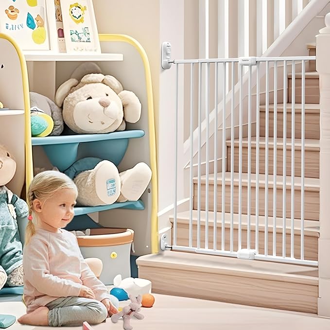 Adjustable Baby Safety Swing Gate, Hardware-Mounted Metal Gate for Stairs and Doorways, Secure Latch for Kids and Pets (White, 24"-40.5" W x 28.75" H)
