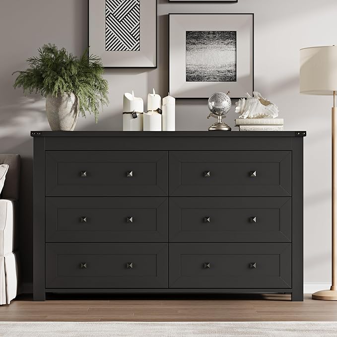 6-Drawer Dresser, Modern Wooden Storage Chest of Drawers, Dresser TV Stand, Wood Drawer Organizer with Metal Handles for Bedroom, Living Room, Hallway