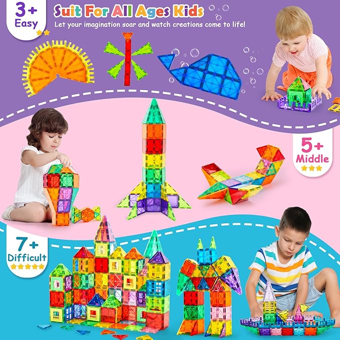 132 PCS Magnetic Tiles Building Blocks with 2 Cars, STEM Educational Construction Montessori Toys for Kids Ages 3 4 5 6 7 8 9, Magnet Building Set Gift for Boys Girls
