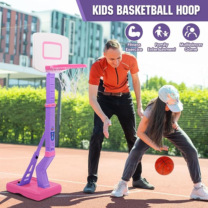 SUPER JOY Toddler Pink Basketball Hoop for Kids 1-3,2-4 5 Years Old, Adjustable Mini Hoop Set for Indoor Outdoor Play, Portable Basketball Goal Sports Toys for Little Boys Girls Birthday Gifts