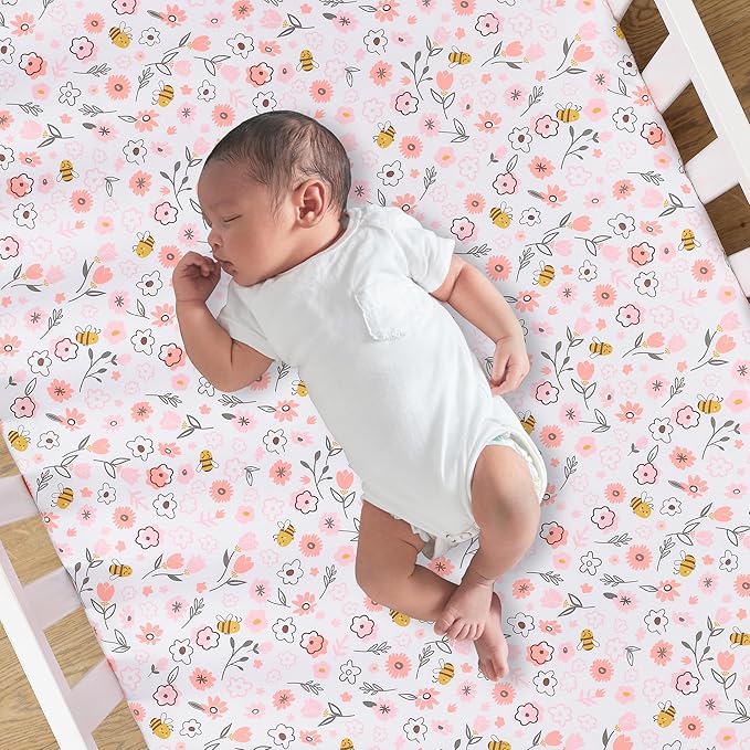 Lambs & Ivy Little Garden 100% Cotton Pink Floral Fitted Crib/Toddler Sheet