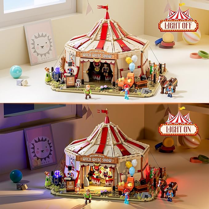 Travelling Circus Lighting Building-Bricks Set - The Wild West Show 1962 Pcs Collection Display Set for Adults and West Lovers